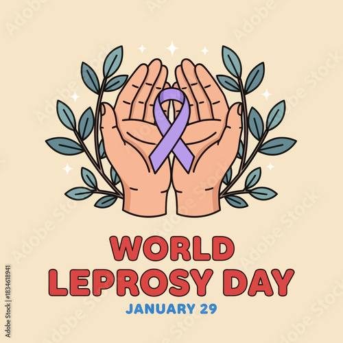 Illustration of hands holding a purple ribbon for World Leprosy Day on January 29, symbolizing awareness, compassion, and global support for leprosy patients.