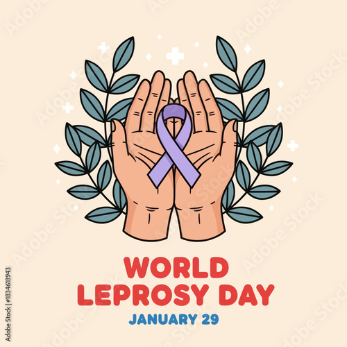 Illustration of hands holding a purple ribbon for World Leprosy Day on January 29, symbolizing awareness, compassion, and global support for leprosy patients.