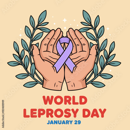 Illustration of hands holding a purple ribbon for World Leprosy Day on January 29, symbolizing awareness, compassion, and global support for leprosy patients.