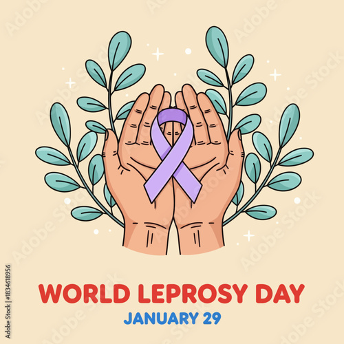 Illustration of hands holding a purple ribbon for World Leprosy Day on January 29, symbolizing awareness, compassion, and global support for leprosy patients.