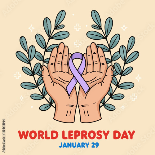 Illustration of hands holding a purple ribbon for World Leprosy Day on January 29, symbolizing awareness, compassion, and global support for leprosy patients.