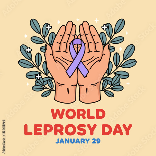 Illustration of hands holding a purple ribbon for World Leprosy Day on January 29, symbolizing awareness, compassion, and global support for leprosy patients.