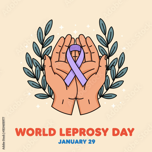 Illustration of hands holding a purple ribbon for World Leprosy Day on January 29, symbolizing awareness, compassion, and global support for leprosy patients.