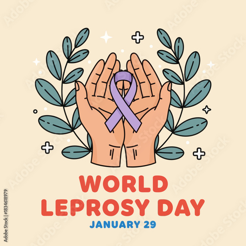 Illustration of hands holding a purple ribbon for World Leprosy Day on January 29, symbolizing awareness, compassion, and global support for leprosy patients.