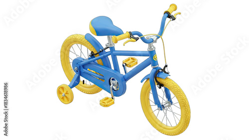 Bright Blue And Yellow Children's Bicycle With Training Wheels On A Transparent Background Studio Shot