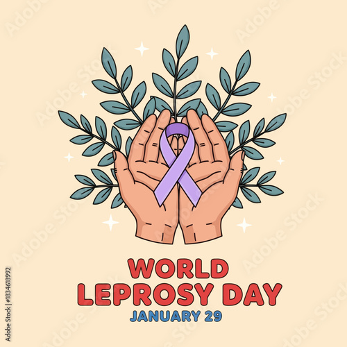 Illustration of hands holding a purple ribbon for World Leprosy Day on January 29, symbolizing awareness, compassion, and global support for leprosy patients.