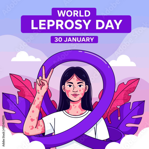 Illustration of a girl showing skin patches for World Leprosy Day awareness, promoting compassion, inclusion, and global support on January 30.