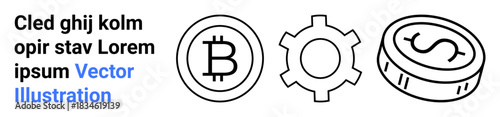 Bitcoin coin, cogwheel, and dollar coin outlined, symbolizing cryptocurrency, blockchain, finance, business, innovation digital economy and technology. Ideal for fintech startups posters apps