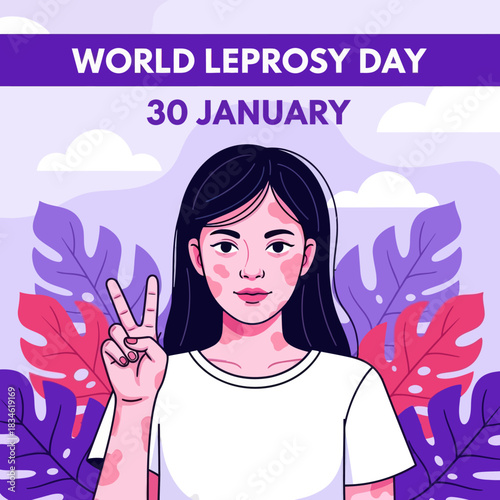 Illustration of a girl showing skin patches for World Leprosy Day awareness, promoting compassion, inclusion, and global support on January 30.