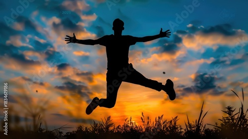 Wallpaper Mural Silhouette of a person jumping with arms outstretched against a sunset sky Torontodigital.ca