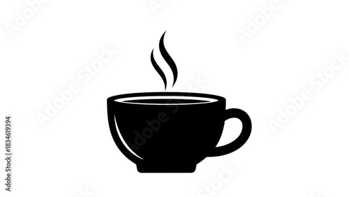 Vector illustration of black silhouette of a steaming hot cup of coffee isolated on transparent background