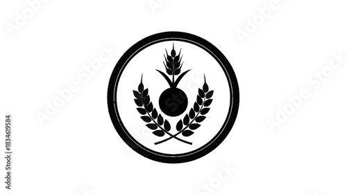 Vector illustration of black and white logo icon of wheat stalk and round fruit isolated on transparent background