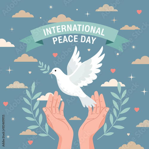 Flat illustration of a white dove carrying an olive branch above open hands, symbolizing hope and harmony for International Peace Day with hearts, clouds, and leaves.