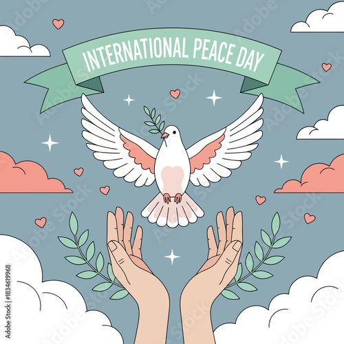 Flat illustration of a white dove carrying an olive branch above open hands, symbolizing hope and harmony for International Peace Day with hearts, clouds, and leaves.