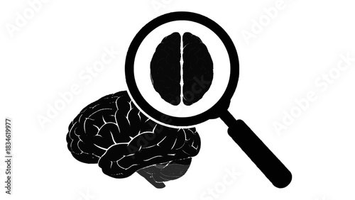 Vector illustration of magnifying glass over human brain icon isolated on transparent background