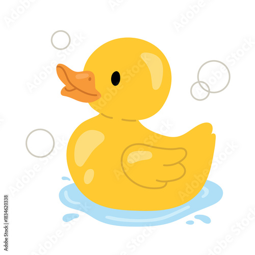 Cute yellow rubber duck floating in water with soap bubbles. Adorable bath-time illustration for childrens products, nursery decor, educational materials and kid-friendly designs.