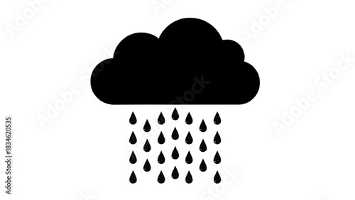 Vector illustration of black silhouette icon of a rain cloud with falling water drops isolated on transparent background