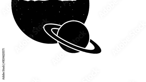 Vector illustration of minimalist black and white graphic of saturn planet isolated on transparent background