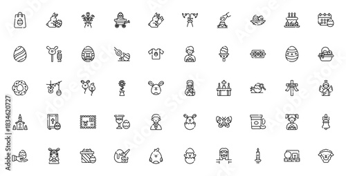 Easter Day icon set. Vector illustration pack. Inclues symbols for Easter bunn, Easter egg, church, cros, chocolate, gift, hunt an more. Editable stroke.
