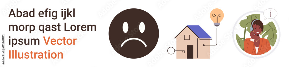 Fototapeta premium Renewable energy, home automation, communication, emotional response, technology, and modern living. Sad face, house with bulb person communicating. Emotional response and renewable energy ideas