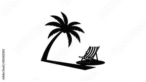Vector illustration of black and white silhouette of a palm tree and deck chair isolated on transparent background