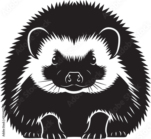 Stylized black and white graphic illustration of a cute hedgehog