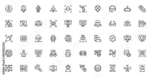 Virtual Reality icon set. Vector illustration. Inclues symbols for VR glasses,augmented reality, motion ensor, 3D model, gamepad, ontroller, headset, and moe.
