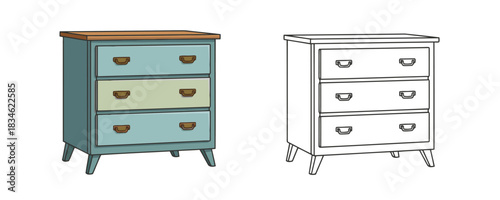 Digital illustration of a two-tone wooden dresser with three drawers and bronze handles, shown both in full color and as a line art outline