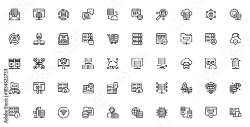 Web Hosting icon set. Vector illustration. Includes ymbols for server, cloud, etwork, data, firewall, badwidth, backup, error 404 nd more. Editable stroke.