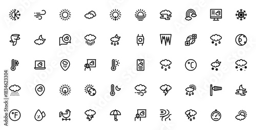 Weather icon set. Vector illustration. Includes symbls for sun, cloud, rain, sow, wind, storm, temperatue, forecast and more. Editble stroke.