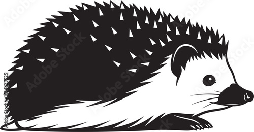Monochrome graphic of a hedgehog with pointy quills, wildlife