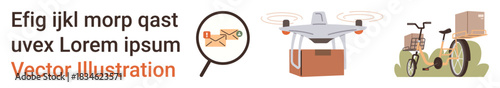 Logistics, e-commerce, delivery services, technology, sustainable transport, communication. quadcopter delivering a package, magnifying glass with envelope bike with a parcel. Logistics