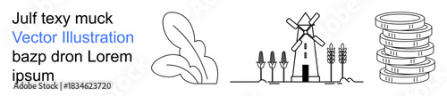 Agriculture, rural economy, renewable energy, sustainability, farming, agribusiness. Line art of a windmill, wheat leaves and coins. Agriculture and rural economy visualization