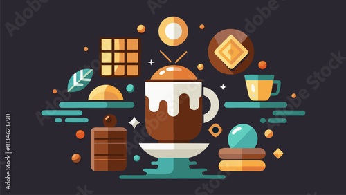 Flat lay illustration of a hot chocolate drink with sweets and decorations on a dark background
