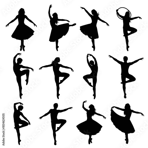Silhouette Ballet Dancers in Various Poses on White Background.