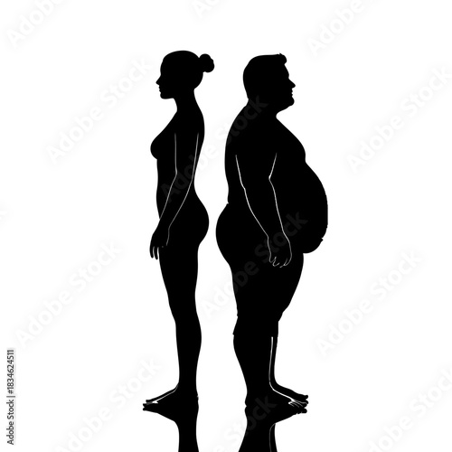 Silhouette Comparison - Slim Woman vs. Overweight Man, Health Contrast.