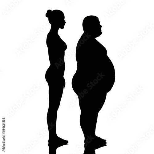 Silhouette Comparison - Slim Woman and Overweight Man Side by Side.