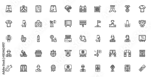 Soccer icon set. Vector illustration. Football game cons pack. Includes symbol for goal, trophy, stadium player, referee, penalty,medal, broadcast and more.