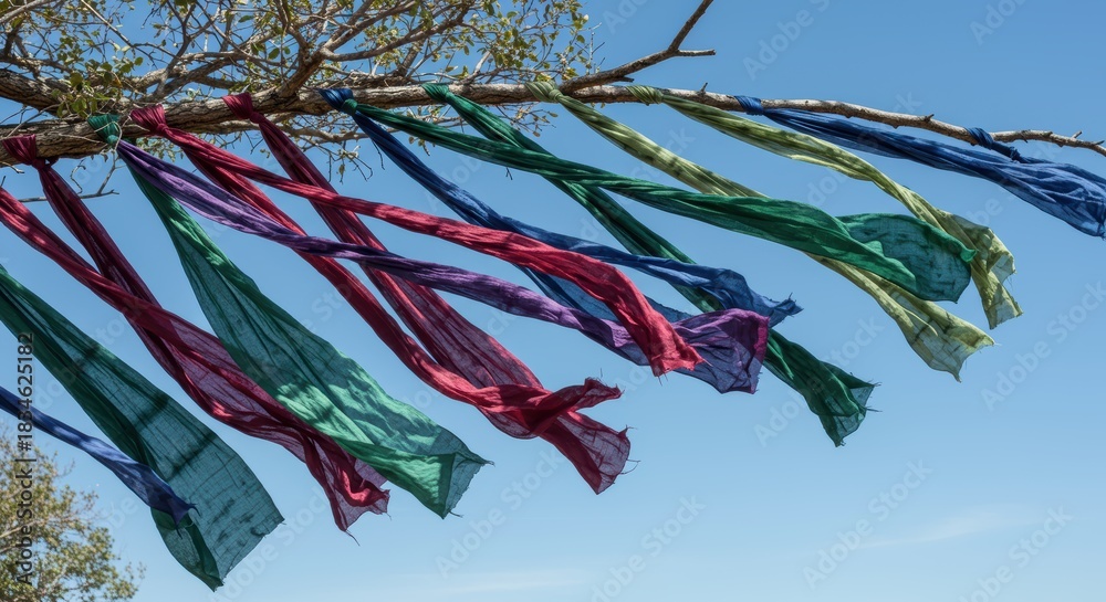 Naklejka premium Colorful Fabric Streamers in the Wind Against a Blue Sky