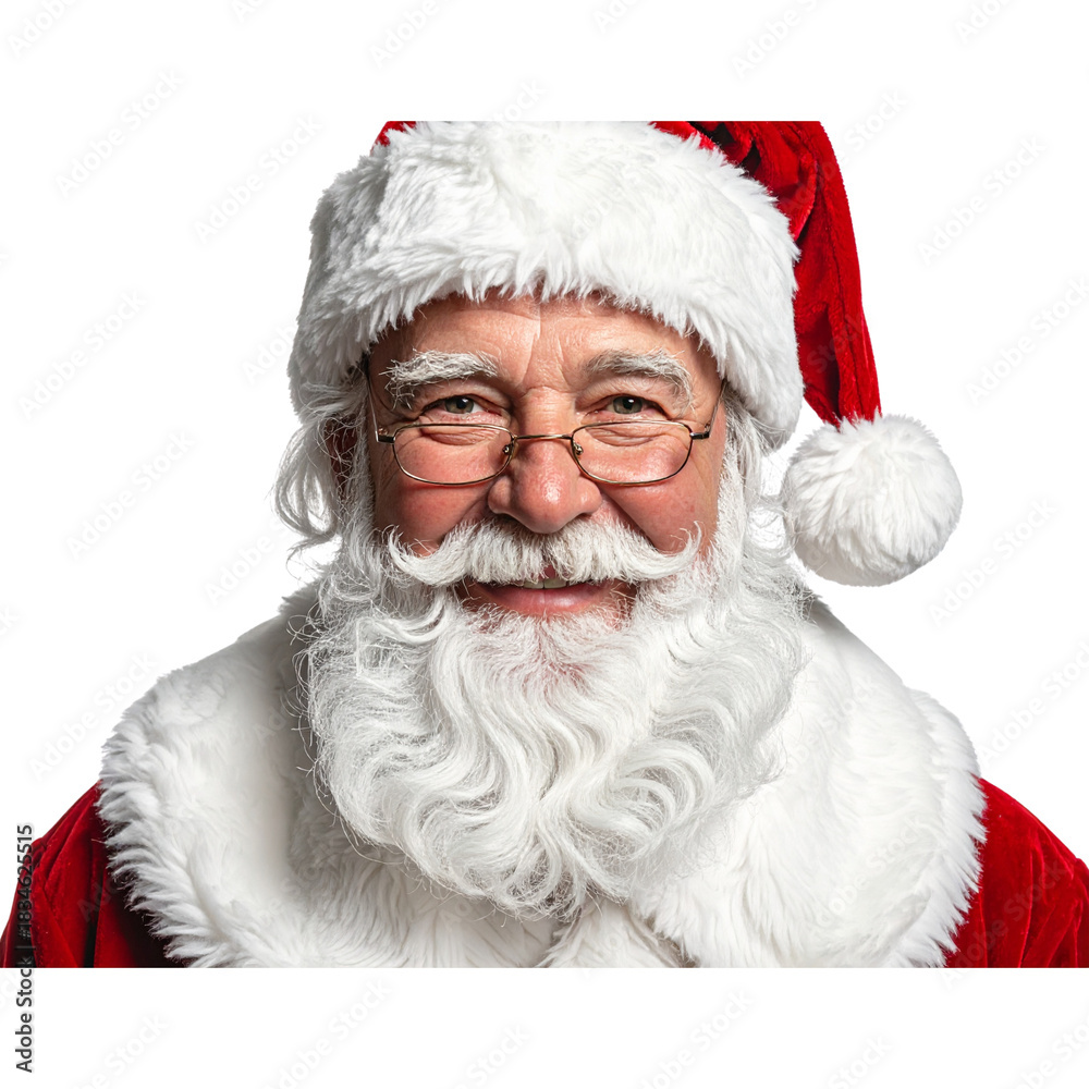 Naklejka premium Cheerful Santa Claus Close-Up, Twinkling Eyes, Front View, Transparent Background