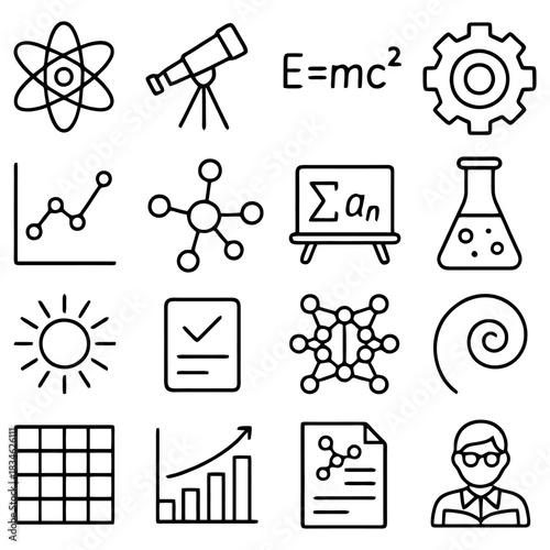 Symbols of Discovery: A collection of meticulously crafted line icons representing the essence of scientific and technological innovation. It's an invitation to explore the wonders of knowledge.