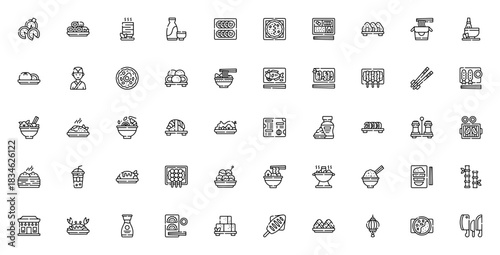 Asian food icon set. Japanese, Chinese, Korean cuisie vector symbols. Featuressushi, ramen, dimsum, kimci, tempura, chopsticks, chf, menu and more. Editablestroke.