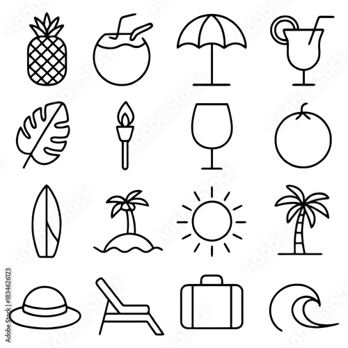 Tropical Paradise Icon Set: A collection of simple, minimalistic line icons celebrating the essence of a tropical vacation.