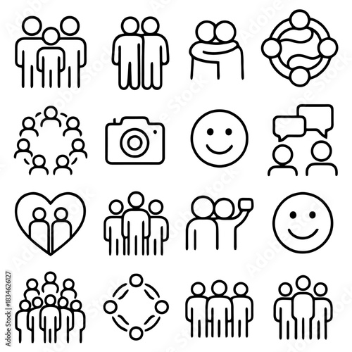 Icons of Community: A collection of simple icons representing community, relationships, friendship, social interaction, and connection, perfect for communication and social themes.