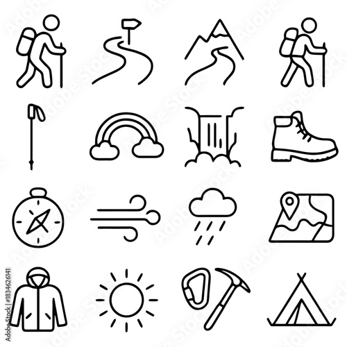Outdoor Adventure Icon Collection: A meticulously curated collection of line art icons depicting essential elements and tools for outdoor adventures.