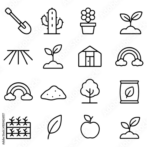 Gardening Essentials: A comprehensive collection of iconic symbols for gardening, from planting tools to flourishing plants, representing the nurturing of nature and growth.
