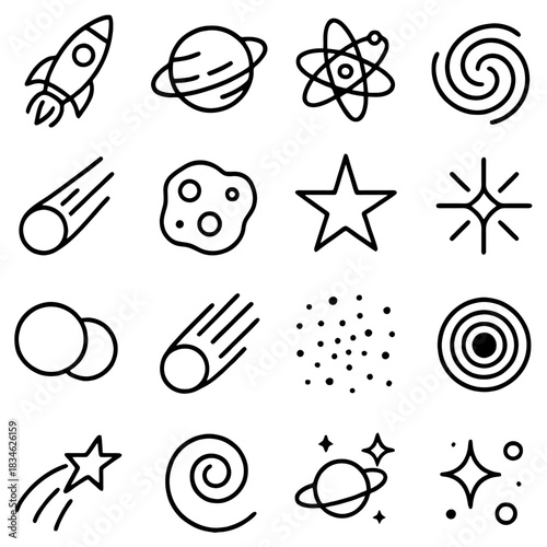 Cosmic Collection: A series of stylized, black line illustrations capturing the vastness of space. Including rocket ships, planets, atom models and a meteor shower.