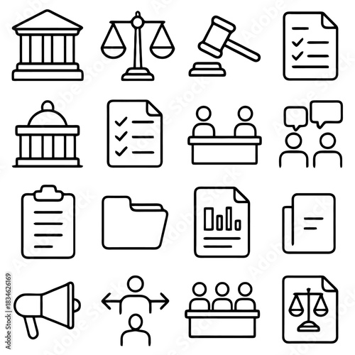 Legal and Institutional Icons: An array of legal and institutional icons, featuring symbols of justice, law, and government. These illustrative icons capture the essence of legal processes.