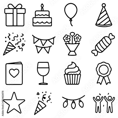 Birthday Icons: A delightful assortment of birthday-themed icons, including gifts, cake, balloons, and party hats, creating a cheerful graphic.