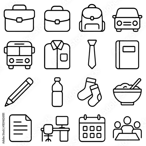 Icons of Daily Necessities: A compilation of minimalist icons, illustrating essential items used in daily activities, capturing the essence of routine.